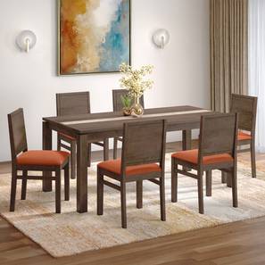 Dining Table Set Design Atlas Crest Solid Wood 6 Seater Dining Table With Atlas Dining Chairs Set (Burnt Orange, Danish Walnut Finish, 6 No of Chairs, 6 Table Seating Capacity)